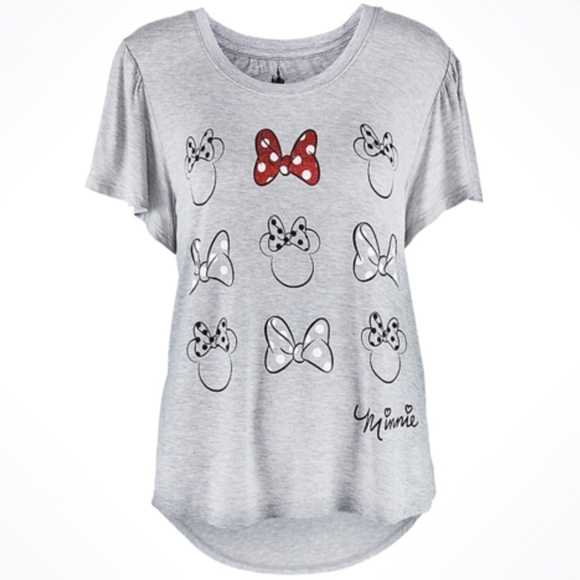 Disney Minnie Mouse Gray T-Shirt Red Glitter Bow Women's XL Flutter Sleeve EUC - Picture 1 of 8